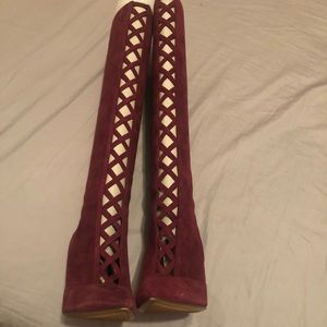 Lace up red burgundy knee higher boots